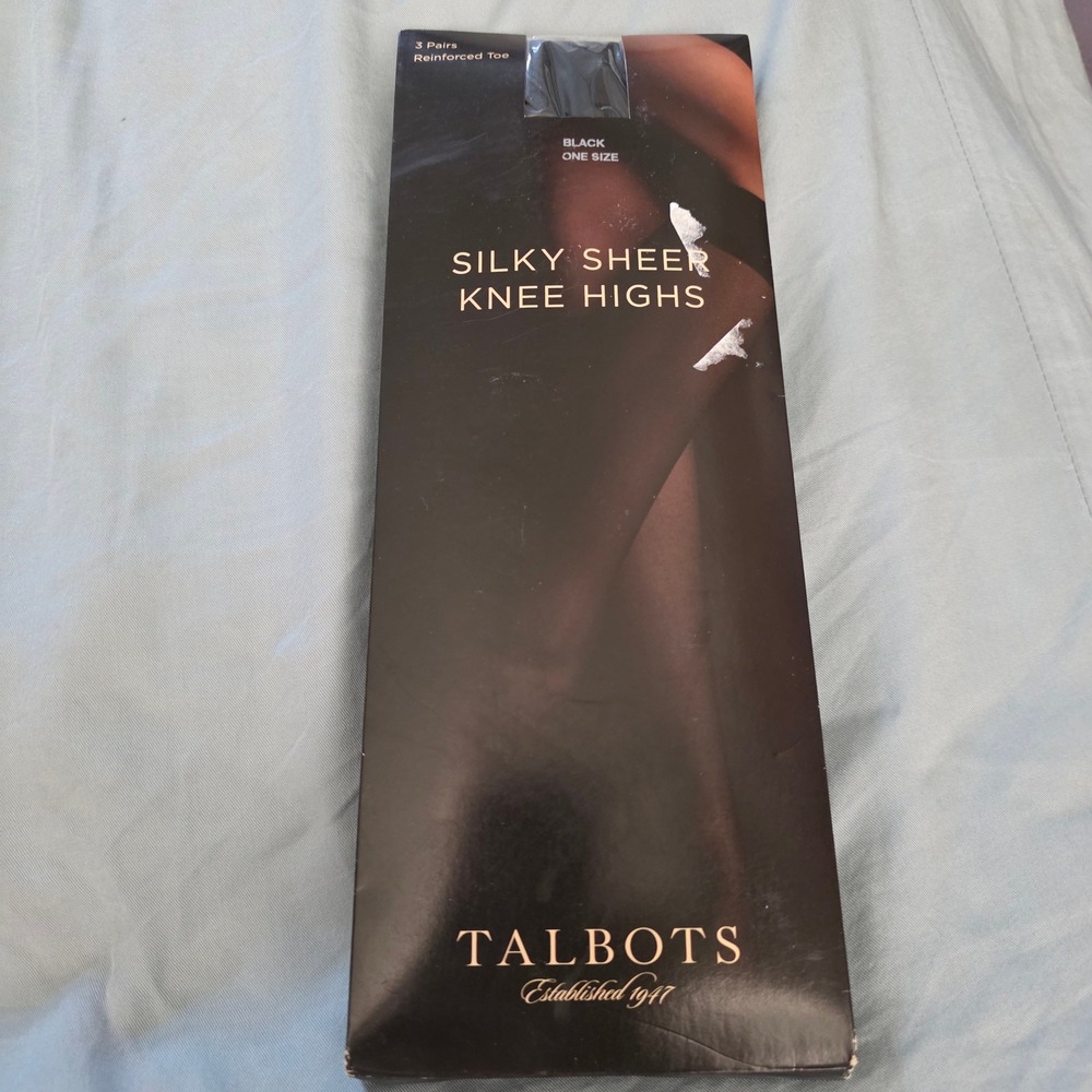 Talbots Silky Sheer Knee Highs Black Reinforced Toe Womens 3 Pairs One Size NIB